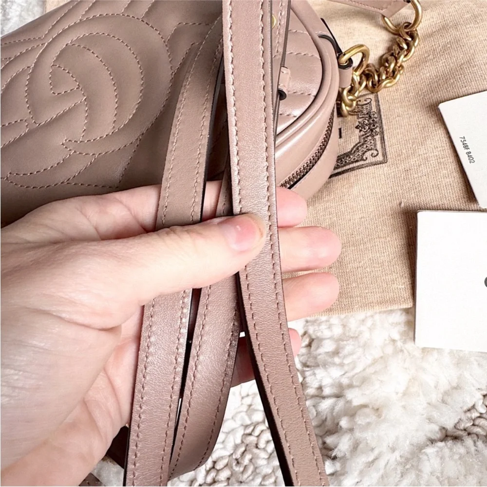 GUCCI MATELASSE LEATHER MARMONT GG CAMERA ZIP CROSSBODY BAG BEIGE PINK - Picture 8 of 16
